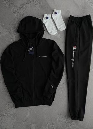 Костюм мужской черный соп худи champion black! спортивный костюм мужественный чёрный зип худи кофта + брюки champion! материал двухнитка!
