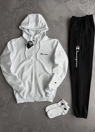 Костюм спортивний чоловічий зіп худі champion white! спортивный костюм мужской белая зип худи кофта + чёрные штаны champion! материал двухнитка!