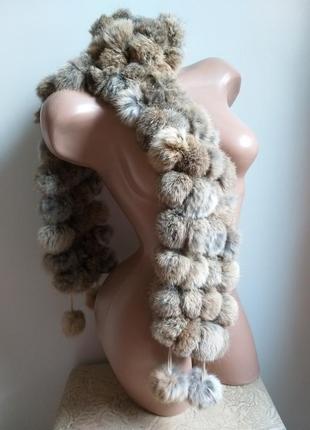 Меховой шарф. шарф из бубонов, помпонов. натуральный мех.