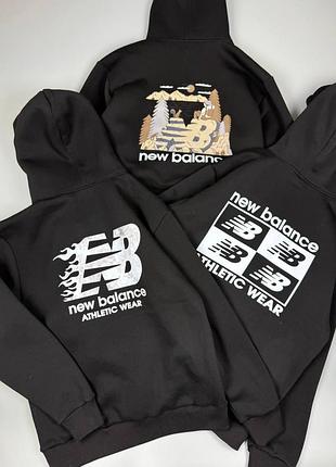 Чоловіча толстовка худі чорна з великим принтом на спині new balance