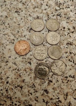 Набір монет сша: 1 цент (lincoln penny 1995) + 8 монет по 10 центів (dime roosevelt)