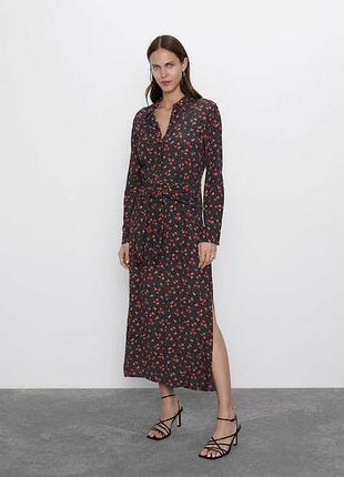 Вискозное миди платье zara с вшитым ремнем