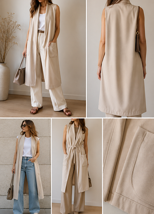 Длинный жилет-накидка в стиле минимализм | oversize | бежевый | размер m