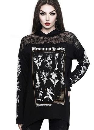 🖤 чорне жіноче худі killstar - poison lace з мереживними плечами та готичним принтом «beautiful poison» великий розмір 3xl