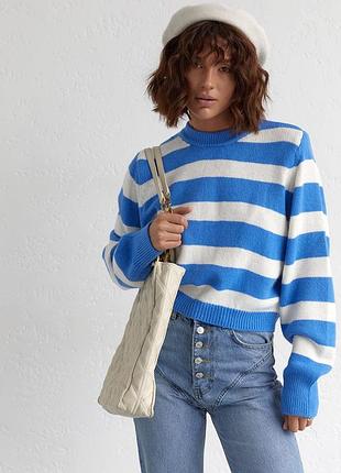 В'язаний джемпер oversize в смужку - синій цвет, s (є розміри)