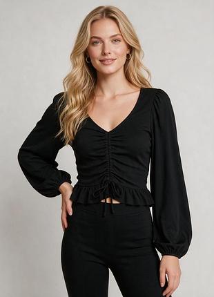 Сборка на груди 🖤 черный кроп-топ new look ✨ блузка с длинным рукавом 💥 кофта со сборкой и завязками