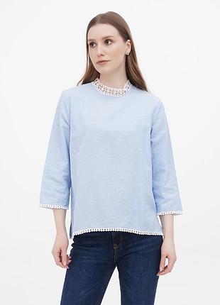 Блуза льняна xs-s блакитна з мереживом 3/4