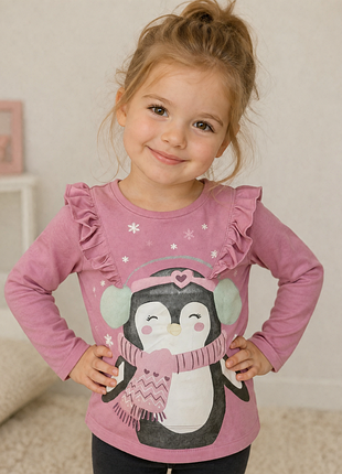 Новий лонгслів pepco kids розмір 104 (3-4 роки) рожева кофта з пінгвіном та рюшами