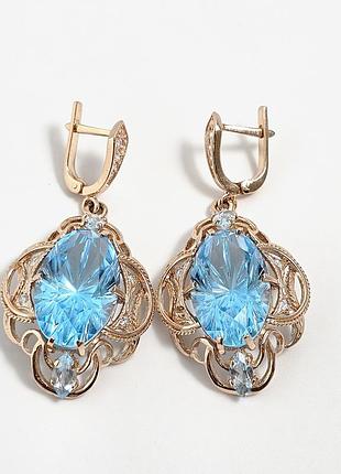 Серьги золотые с овальными топазами ажурные массивные