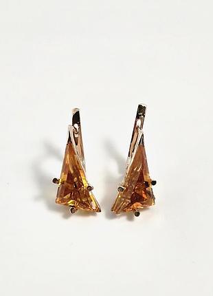 Серьги золотые с желтым цитрином треугольным