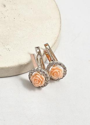 Серьги серебро с золотым кораллом и цирконами