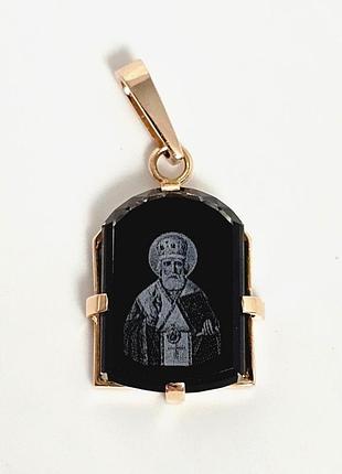 Подвеска золотая николай чудотворец из черного кварца