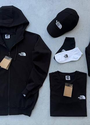 Мужской спортивный костюм набор черный the north face зип худи + штаны + футболка + кепка