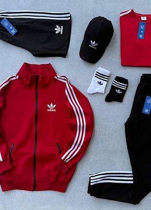 Чоловічий спортивний костюм червоний adidas кофта+штани+футболка+шорти+кепка адідас