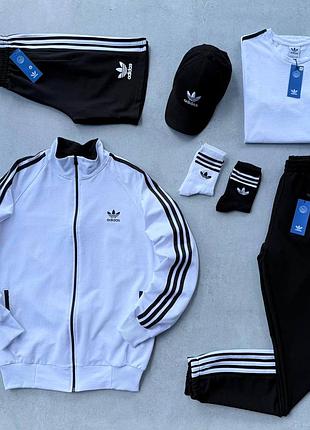 Adidas набір біла зіп худі + штани + футболка + шорти + кепка чорна xs / s / m / l / xl / xxl / xxxl