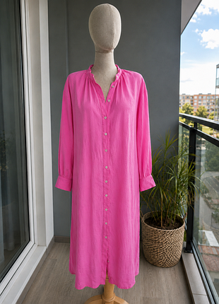 Платье-рубашка женская миди lc waikiki lcw modest розовое размер 36 s-m на пуговицах с воротником-стойкой
