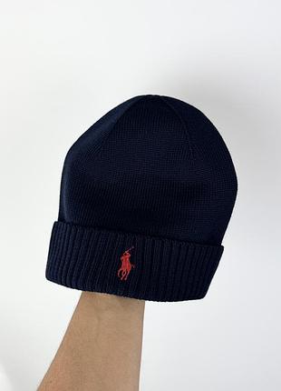 Вовняна шапка polo ralph lauren signature pony cuffed beanie оригінал темно синя унісекс у рубчик розмір one size