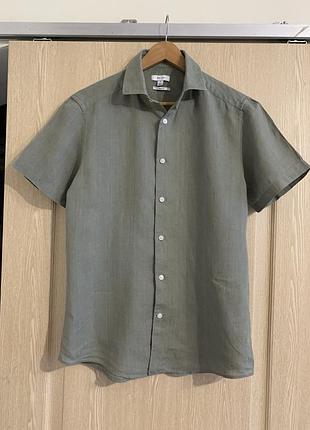 Reiss чоловіча лляна сорочка з коротким рукавом, оливковий/хакі