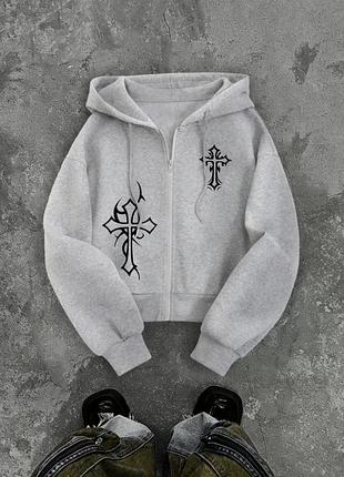 Кофта на замку чоловіча типу chrome hearts сіра,розмір l