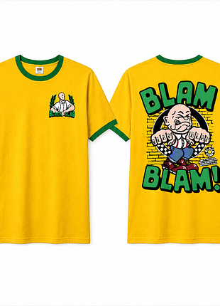 Футболка жовта з принтом black slab blam blam! в панк стилі fruit of the loom