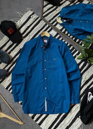 Сорочка чоловіча lacoste оригінал лакост натуральна з довгим рукавом синя яскрава з логотипом лакоста м l