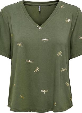Футболка onlflora s/s foil top jrs 15273576-olive night-detail:gun metal foil only l хаки 15273576-olive night-deta s