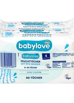 Набор детских влажных салфеток babylove из 99% воды, 4×80 шт.