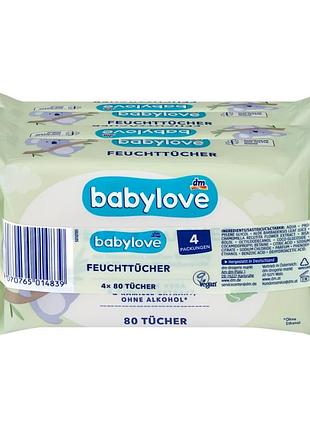 Влажные салфетки babylove из алоэ вера и ромашкой, 4×80 шт