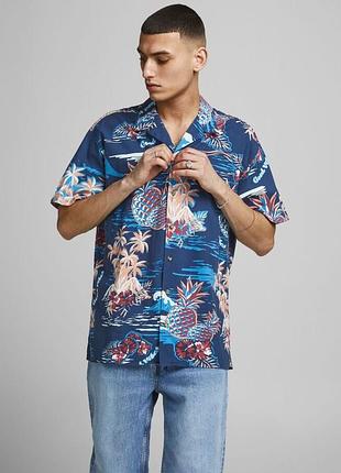 Рубашка jortropicana resort shirt s/s ltn 12187956 ensign blue jackandamp;jones l синий 12187956ensignblue