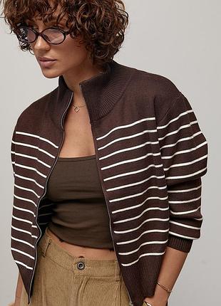 Кардиган у смужку з коміром-стійкою колір темно-коричневий розмір one size fl_003465