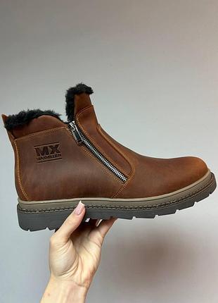 Мужские зимние сапоги maxmillien,коричневые кожаные сапоги с мехом,теплые сапоги из кожи и замши