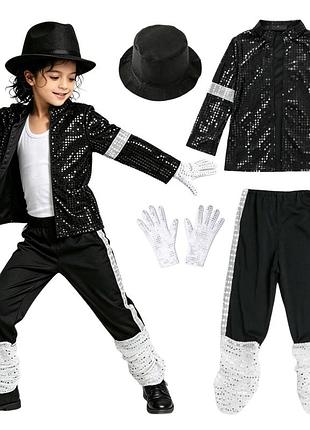 Детский сценический костюм майкл джексон michael jackson, костюм поп-звезды, черный костюм с пайетками, шляпа, перчатки 120-150 см 140 см