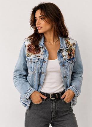 Джинсова куртка river island з квітковими вставками, розмір 14 (l)