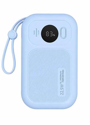 Повербанк 20000 mah швидка зарядка 22,5w з дисплеєм та вбудованим кабелем type-c i lightning блакитний