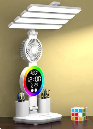 Акумуляторна led лампа / настільна лампа з 4 плафонами, rgb-підсвічуванням, годинником та вентилятором