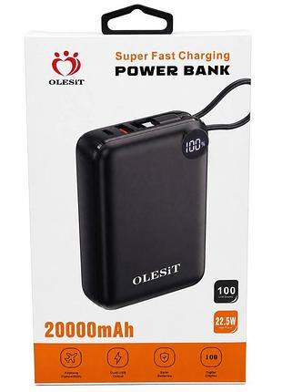 Повербанк olesit 20000 mah быстрая зарядка 22,5w с дисплеем и встроенным кабелем type-c