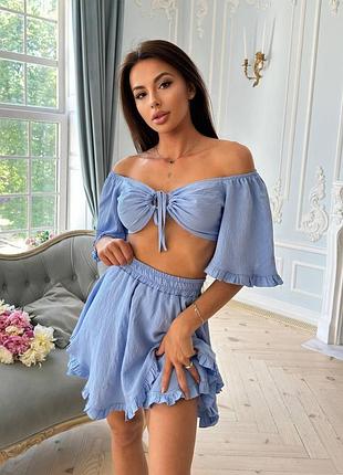 Женский летний льняной костюм с топом и юбкой