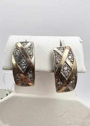 Сережки серебряные с кубическим цирконием и золотыми пластинами 5,6 г