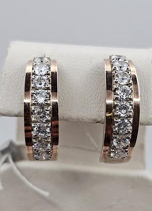 Сережки серебряные с фианитом и золотыми пластинами "чикаго" 5,45 г