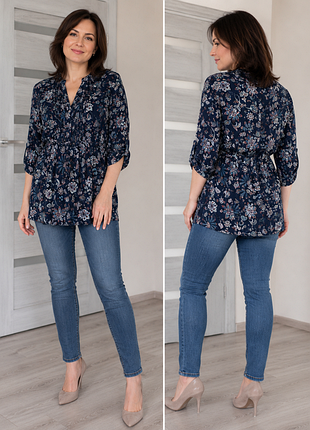 Женская туника синяя в цветы l 48 летняя блуза с рукавом 3/4 вискозная легкая повседневная