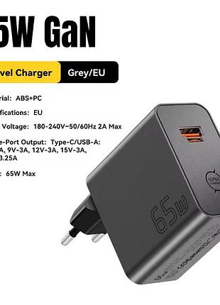 Зарядное устройство essager 65w gan es-cd65 гибридное порт type-c / usb-a black