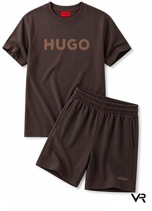 Чоловічий спортивний костюм hugo boss коричневий | футболка та шорти premium з логотипом