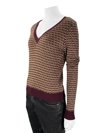 Джемпер кофта zara v-neck knit jumper с геометрическим узором в бордовых и золотистых тонах, рощмир s