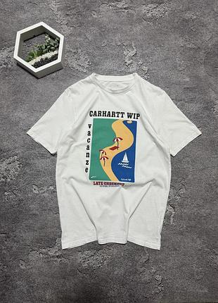 Футболка carhartt wip оригінал біла молочна футболка кархарт з принтом vacanze late checkout