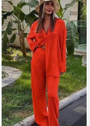 Стильный оранжевый костюм bershka xs/s, рубашка, брюки широкие