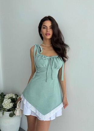 Женское льняное короткое платье мята, 42/44