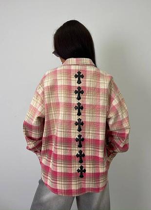 Кольорова сорочка у клітинку chrome hearts рожева з молочним