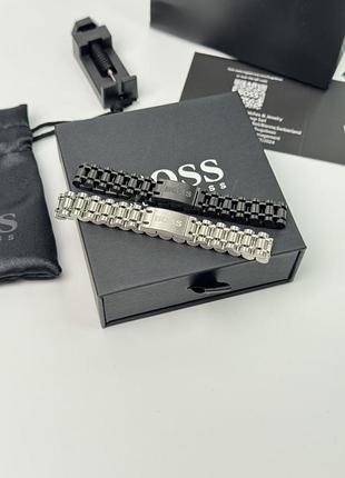 Браслет + унісекс + hugo boss + срібний/чорний, 14-19, срібло