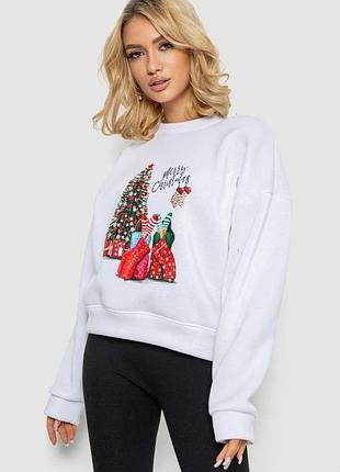 Батник жіночий на флісі з новорічним принтом, колір білий, 241r4002