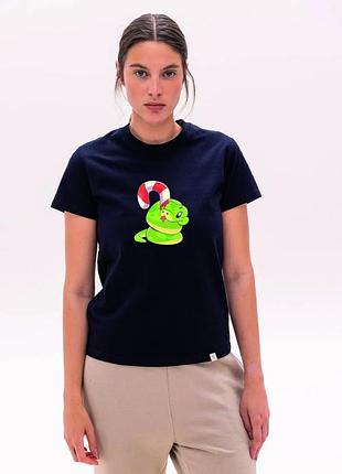Футболка женская черная с принтом "змея с конфетой", 2xl